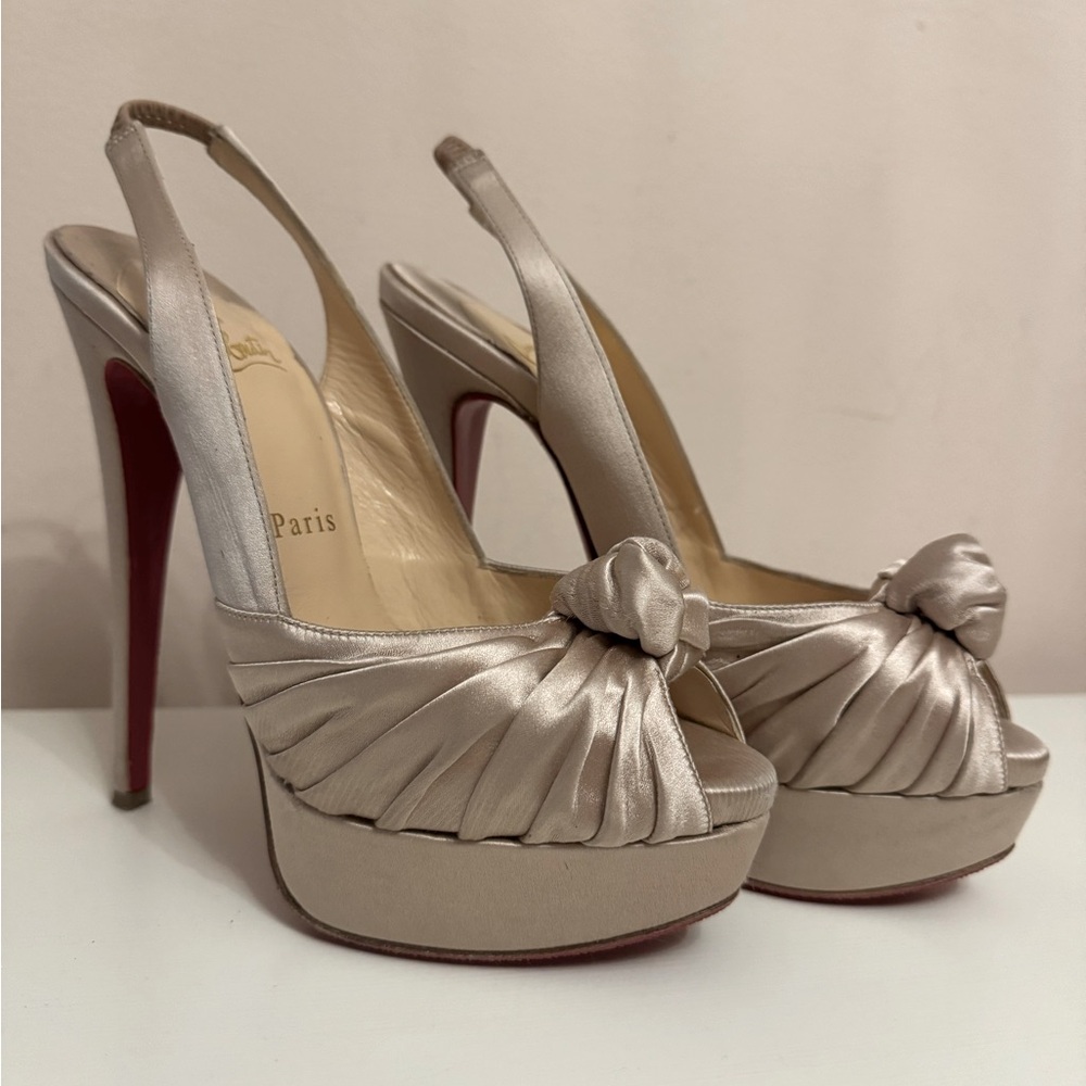 Christian Louboutin Champagne Satin Stiletto Platform Slingback Heels